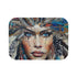 Bohemian feather bath mat with earthy tones for bathroom decor.
