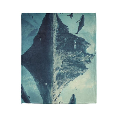 Floating Mountain Surrounded by Whales — Plush Fleece Throw Blanket — Product Detail View 7