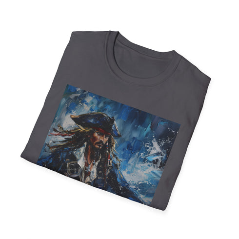 Pirates Compass Charcoal T-Shirt with Jack Sparrow Portrait Graphic.
