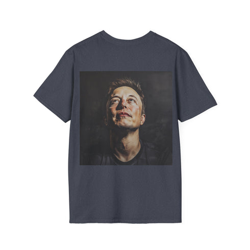 Galactic visionary Elon Musk tee in charcoal, size small for men/women.