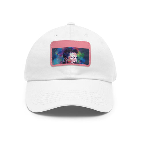 Neon watercolor baseball cap featuring Elon Musk. White with light brown patch.