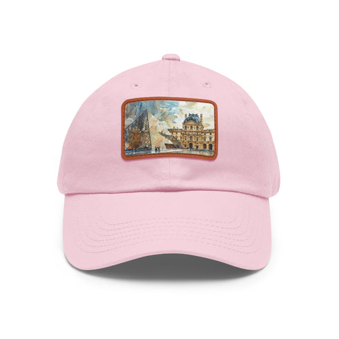 White cotton Louvre Paris Watercolor baseball cap with light brown patch.