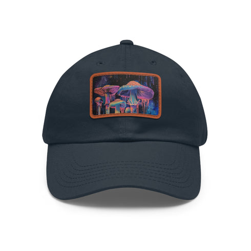 White vegan cotton trucker hat with psychedelic mushroom design.