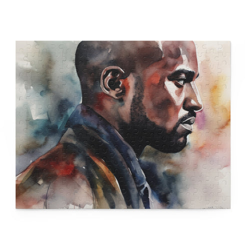 Vibrant watercolor Kanye West puzzle perfect for fans of the legendary artist.