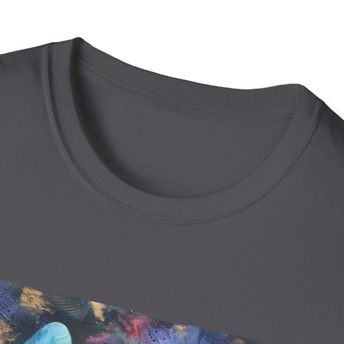 Charcoal cotton t-shirt with vibrant bohemian feather design for free spirits