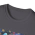 Charcoal cotton t-shirt with vibrant bohemian feather design for free spirits