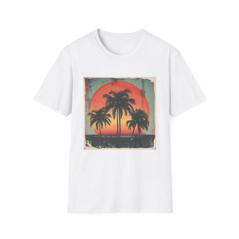 Palm Paradise sunset t-shirt in charcoal, size small, regular fit.