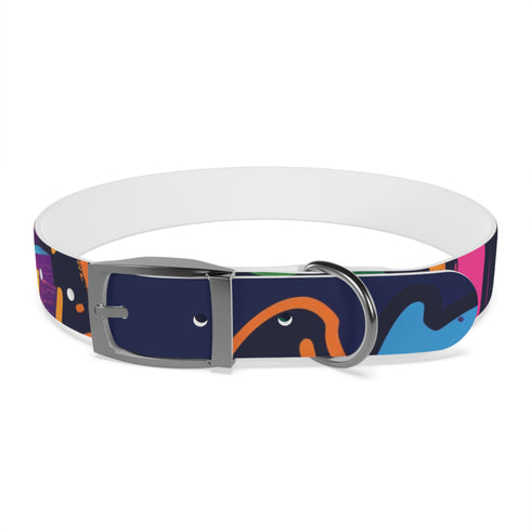 Neon graffiti dog collar for trendy urban walks with your pup.