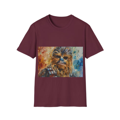 Vibrant Chewbacca watercolor t-shirt in charcoal cotton crew neck design