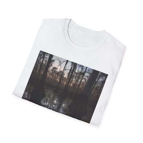Charcoal cotton T-shirt with a mystical cypress swamp sunset graphic