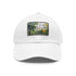 Central Park skyline watercolor baseball cap in white with light brown patch.