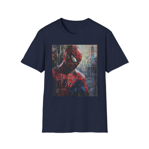 Charcoal cotton T-shirt with vivid Spider-Man painting evokes dynamic superhero spirit