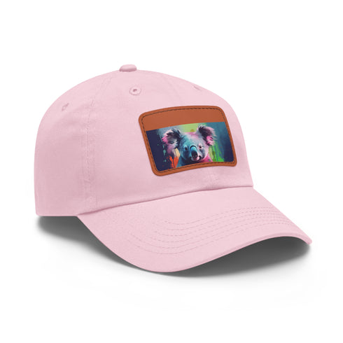 Koala watercolor print baseball cap in white with light brown patch.