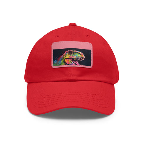 Vibrant watercolor dinosaur themed baseball hat in white with light brown patch
