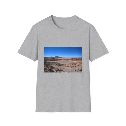 Charcoal cotton crew neck t-shirt inspired by vibrant Atacama Desert scenery