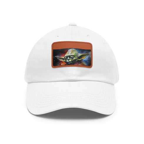 Galactic neon watercolor cap with Yoda design and light brown patch.