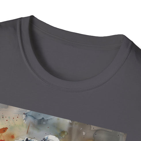 Watercolor charcoal T-shirt with detailed Fallout Power Armor design for summer wear