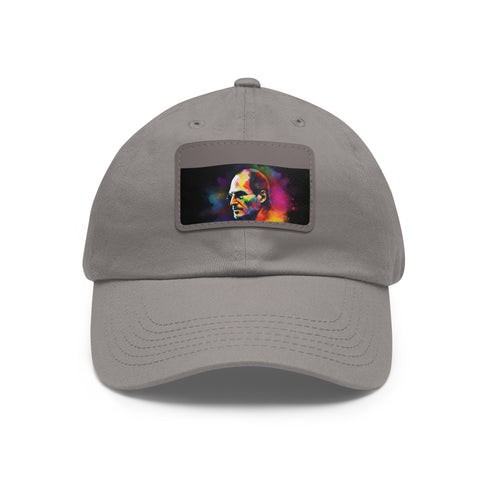 Neon watercolor Steve Jobs baseball cap with light brown patch.
