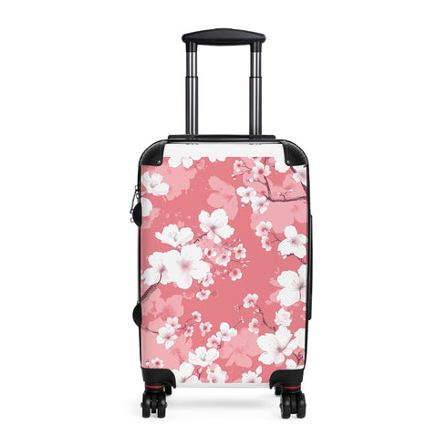 Cherry blossom patterned small black suitcase perfect for stylish travel.