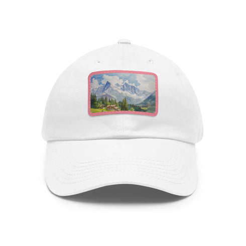 Swiss Alps watercolor cap in white with light brown patch design.