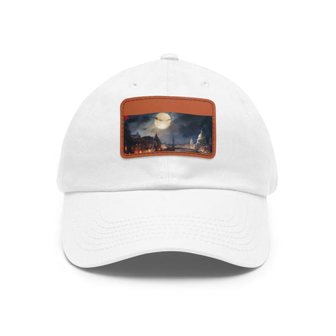 White cotton London Night baseball cap with light brown rectangle patch.