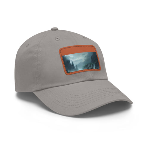 White cotton baseball cap with mystical horizon landscape design.