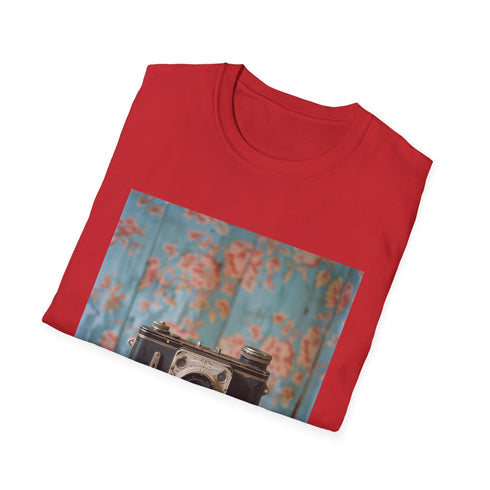 Vintage camera charcoal t-shirt with cotton crew neck and scattered film reels