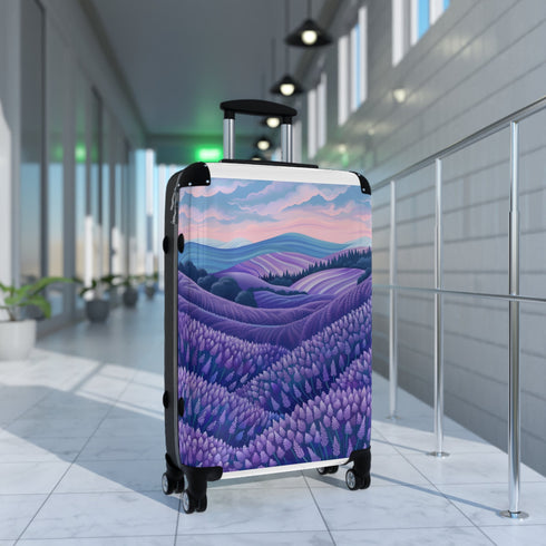 Lavender fields small black suitcase with seamless floral pattern.