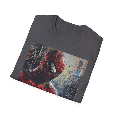 Charcoal crew neck cotton T-shirt with vibrant Spider-Man painting design