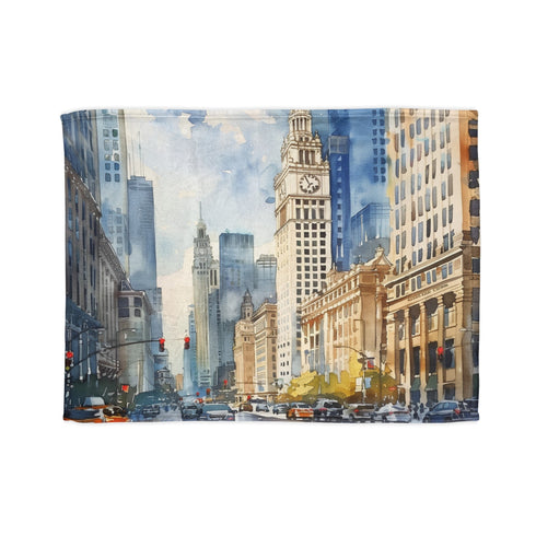 Watercolor Chicago skyline blanket with dreamy design for cozy nights.