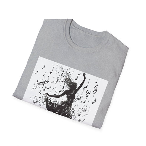 Charcoal cotton t-shirt with dancer silhouette and musical notes design