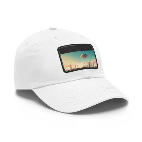 Urban skyline white hat with light brown patch, rectangle design. Unisex.