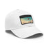 Urban skyline future city baseball cap in white with light brown patch.