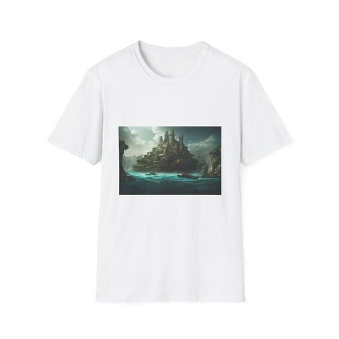 Charcoal cotton crew neck T-shirt featuring vibrant Atlantis-inspired design