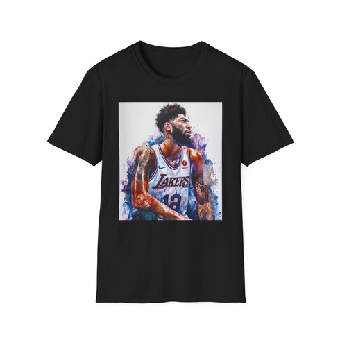 Charcoal crew neck cotton tee with vivid Anthony Davis watercolor portrait