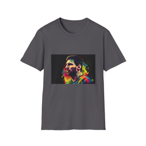 Vibrant charcoal cotton T-shirt with watercolor neon football art