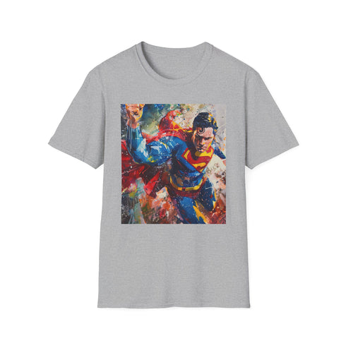 Charcoal cotton T-shirt with bold Superman portrait and vibrant colors