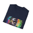Charcoal cotton t-shirt featuring vibrant neon watercolor pattern with crew neck