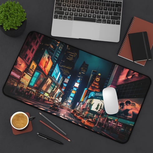 Nighttime Times Square desk mat with vibrant urban photograph.
