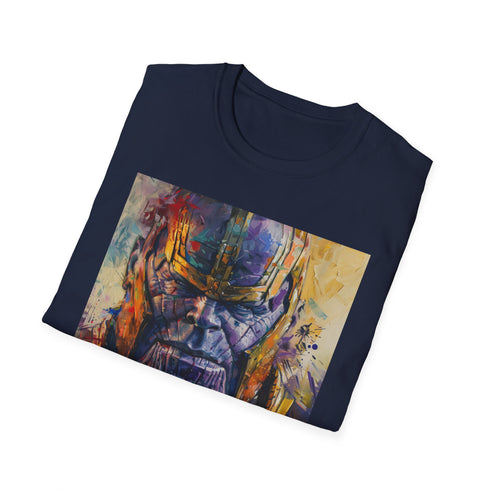 Charcoal cotton T-shirt with vibrant Thanos portrait and cosmic painting effect