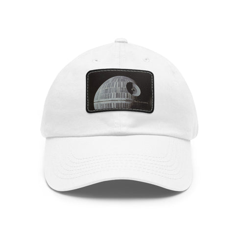 White Galactic Empire Death Star baseball cap with light brown rectangle patch.