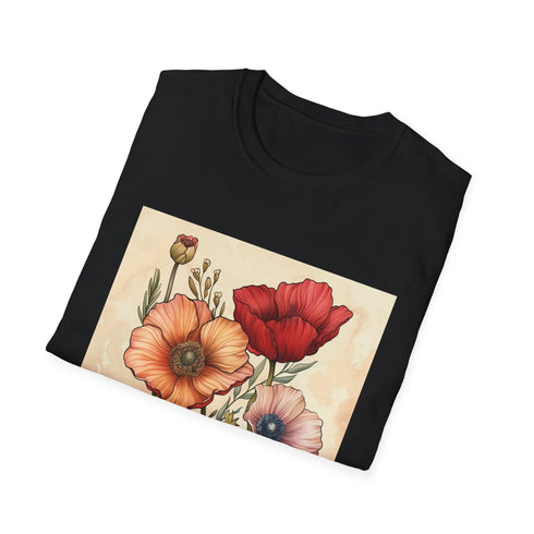 Charcoal hand-drawn floral t-shirt with delicate botanical sketches summer-ready