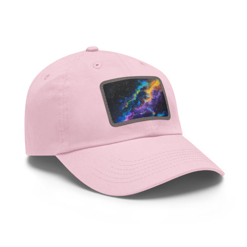 Neon galaxy snapback cap with light brown patch and vibrant colors.