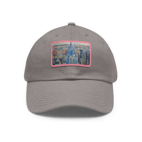 White cotton Cityscape Watercolor Baseball Cap with light brown patch.