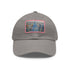White cotton Cityscape Watercolor Baseball Cap with light brown patch.