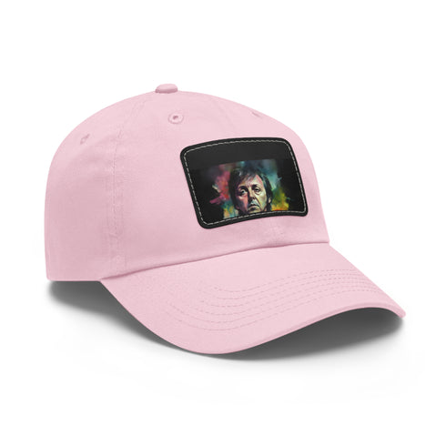 Neon watercolor Paul McCartney baseball cap with light brown patch.