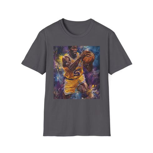 Magic Johnson portrait tee in charcoal, crew neck, regular fit.