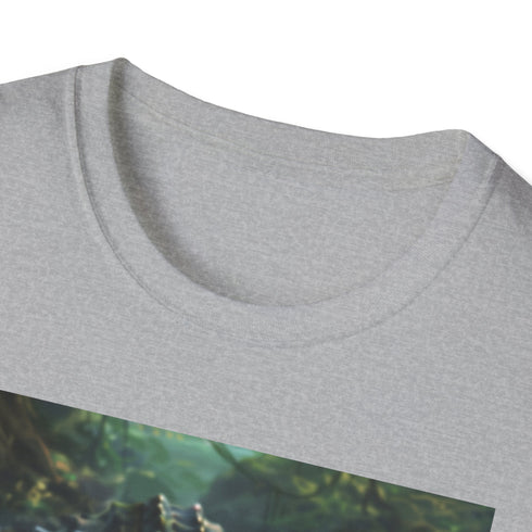 Charcoal cotton crew neck t-shirt with vibrant crocodile painting design