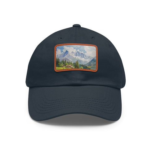 Swiss Alps watercolor baseball cap in white with light brown patch