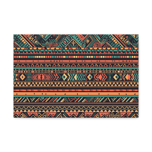 Vintage Aztec canvas print featuring vibrant blue, orange, and white pattern.